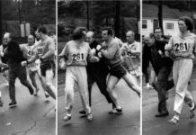 Η Kathrine Switzer με το 261 ενώ ο Jock Semple προσπαθεί να την απομακρύνει από τον Μαραθώνιο της Βοστώνης το 1967