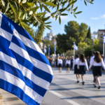 28η Οκτωβρίου: Πώς πληρώνεται η εργασία την αργία – Πότε ισχύει το 75% Ελληνική σημαία σε σκηνή εορτασμού της 28ης Οκτωβρίου – ψηφιακή εικονογράφηση