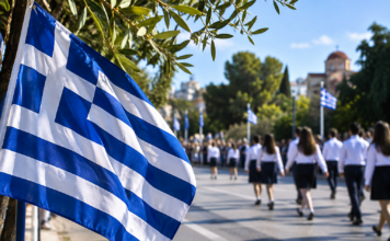 Ελληνική σημαία σε σκηνή εορτασμού της 28ης Οκτωβρίου – ψηφιακή εικονογράφηση