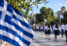 Ελληνική σημαία σε εορταστική σκηνή της 28ης Οκτωβρίου – ψηφιακή εικονογράφηση