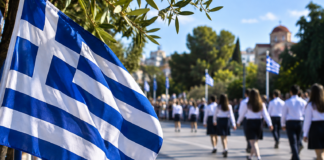 Ελληνική σημαία σε εορταστική σκηνή της 28ης Οκτωβρίου – ψηφιακή εικονογράφηση