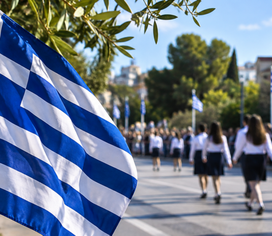 Ελληνική σημαία σε εορταστική σκηνή της 28ης Οκτωβρίου – ψηφιακή εικονογράφηση