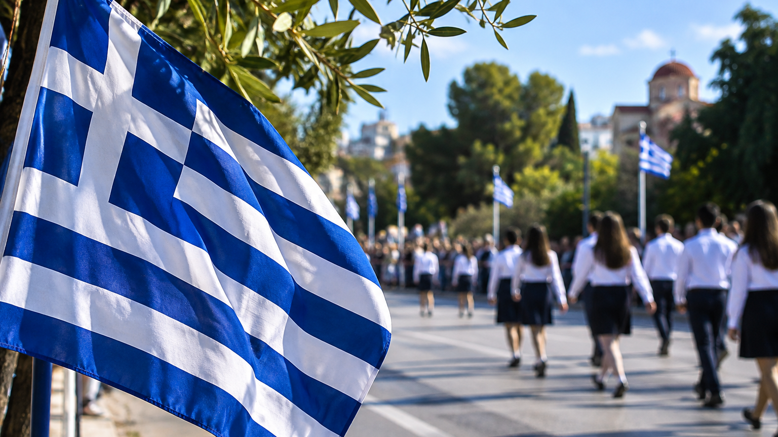 Ελληνική σημαία σε εορταστική σκηνή της 28ης Οκτωβρίου – ψηφιακή εικονογράφηση