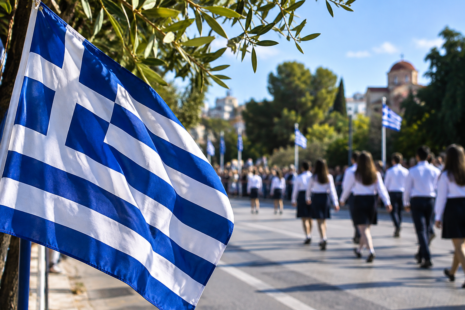 Ελληνική σημαία σε σκηνή εορτασμού της 28ης Οκτωβρίου, ψηφιακή εικονογράφηση