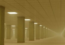 Backrooms: Πώς γεννήθηκε ο ανατριχιαστικός μύθος του ίντερνετ Άδειος κίτρινος διάδρομος με φωτισμό οροφής, εικόνα που παραπέμπει στην αισθητική των Backrooms