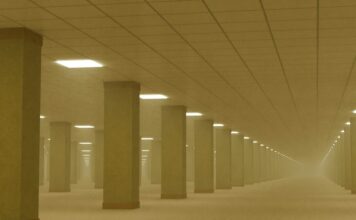 Άδειος κίτρινος διάδρομος με φωτισμό οροφής, εικόνα που παραπέμπει στην αισθητική των Backrooms