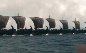 Αρχαία ιστιοφόρα σε σχηματισμό από σκηνή του πρώτου επεισοδίου της Οδύσσειας που δημιουργήθηκε με Grok Imagine