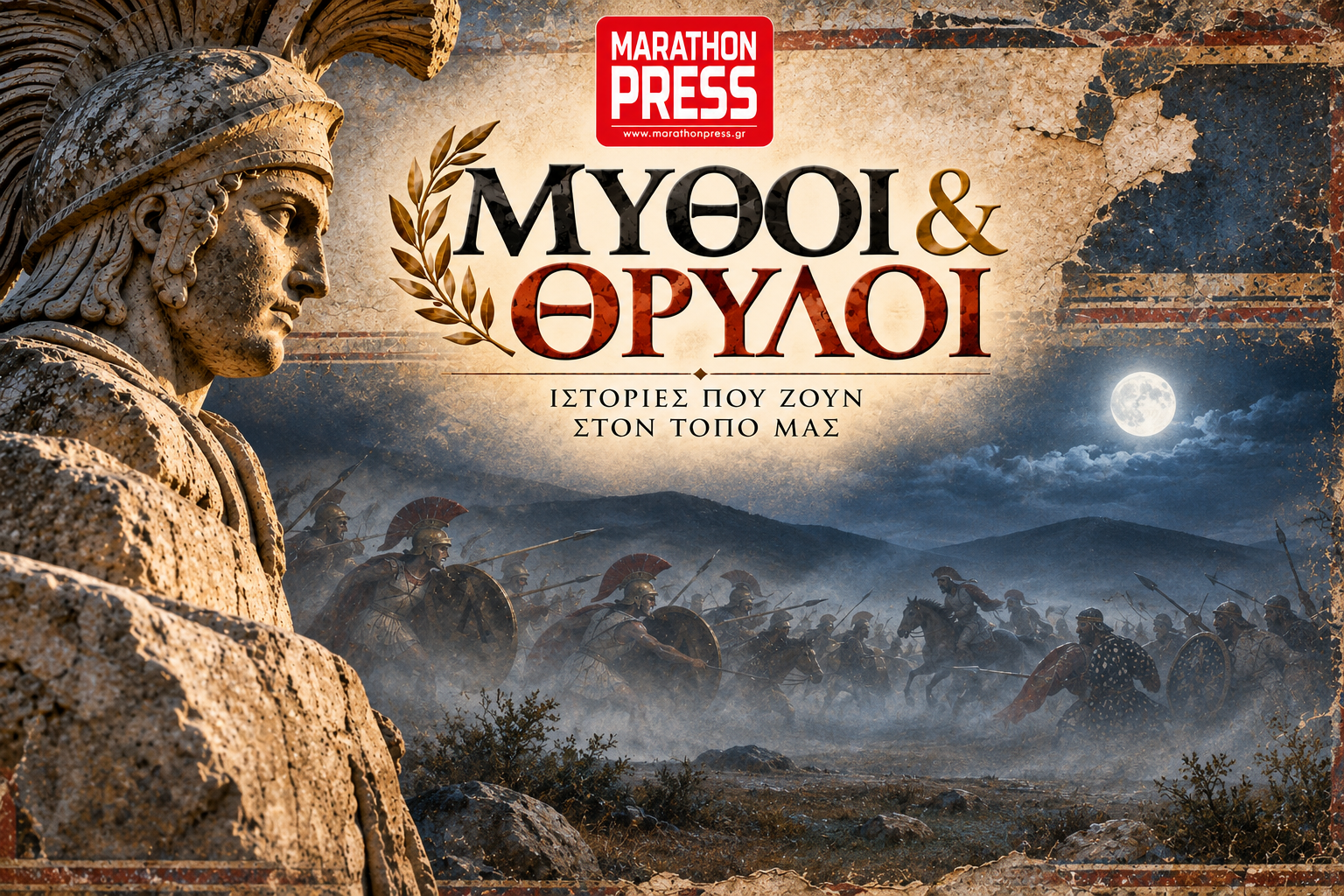Καλλιτεχνική αναπαράσταση της νυχτερινής μάχης στον Μαραθώνα, Μύθοι και Θρύλοι του Marathon Press