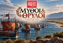 Καλλιτεχνική αναπαράσταση του περσικού στόλου στον κόλπο του Μαραθώνα το 490 π.Χ.