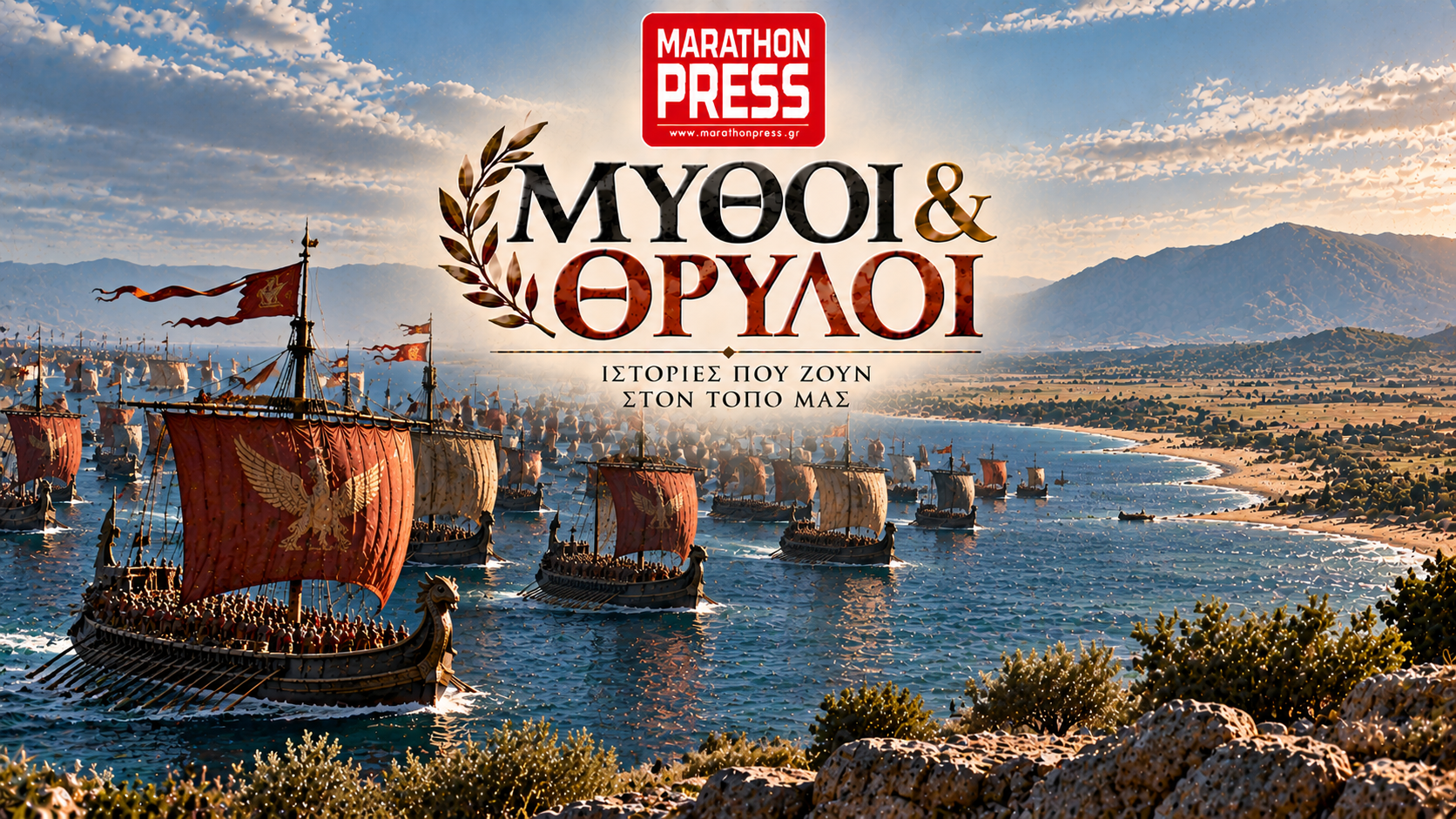Καλλιτεχνική αναπαράσταση του περσικού στόλου στον κόλπο του Μαραθώνα το 490 π.Χ.