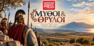 Καλλιτεχνική αναπαράσταση οπλιτών των Πλαταιών με θέα την πεδιάδα του Μαραθώνα