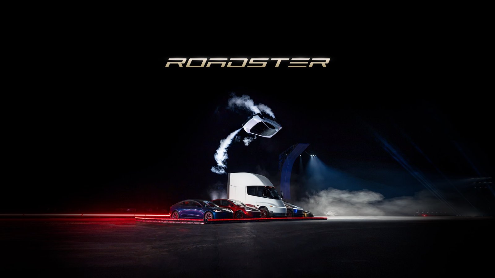 Το λευκό Tesla Roadster στον αέρα στην επίδειξη του Οκτωβρίου 2026